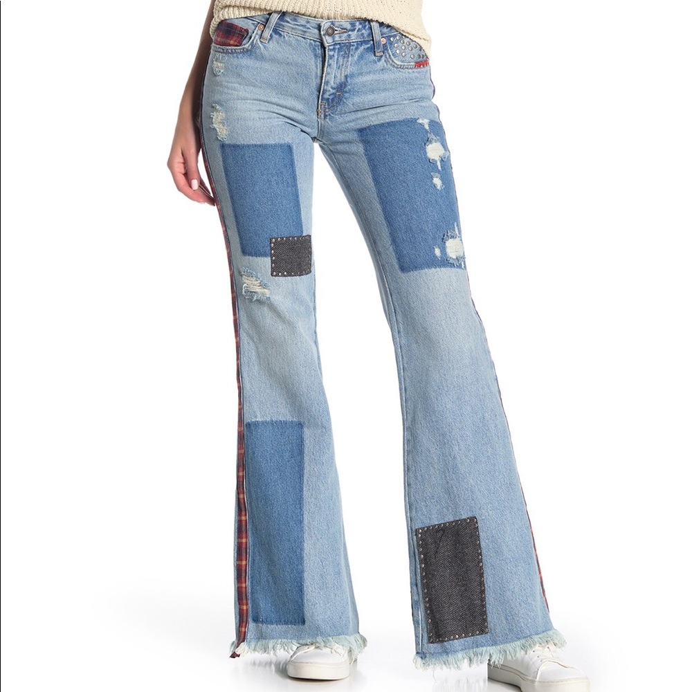Free People Mix Plaid Slim Flare Jeans - Picture 13 of 13